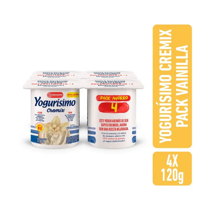 Yogur cremix entero Yogurísimo vainilla pack 120 g. x 4 uni