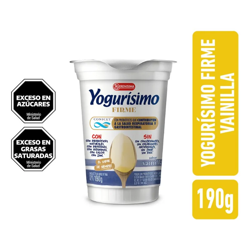 Yogur entero Yogurísimo firme sabor vainilla conicet en pote 190 g.