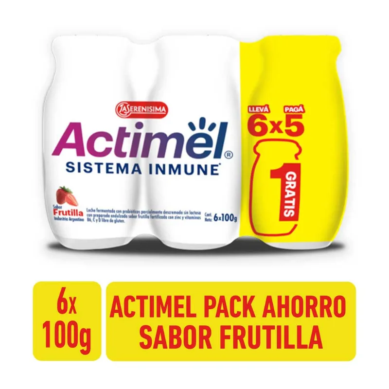 Bebida Láctea Sabor Frutilla 100 Grs x 6 Un Actimel Actimel Botellita Six Pack Frutilla 100 Ml