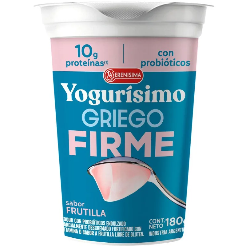 Yogur griego firme Yogurísimo sabor frutilla pote 180 grs