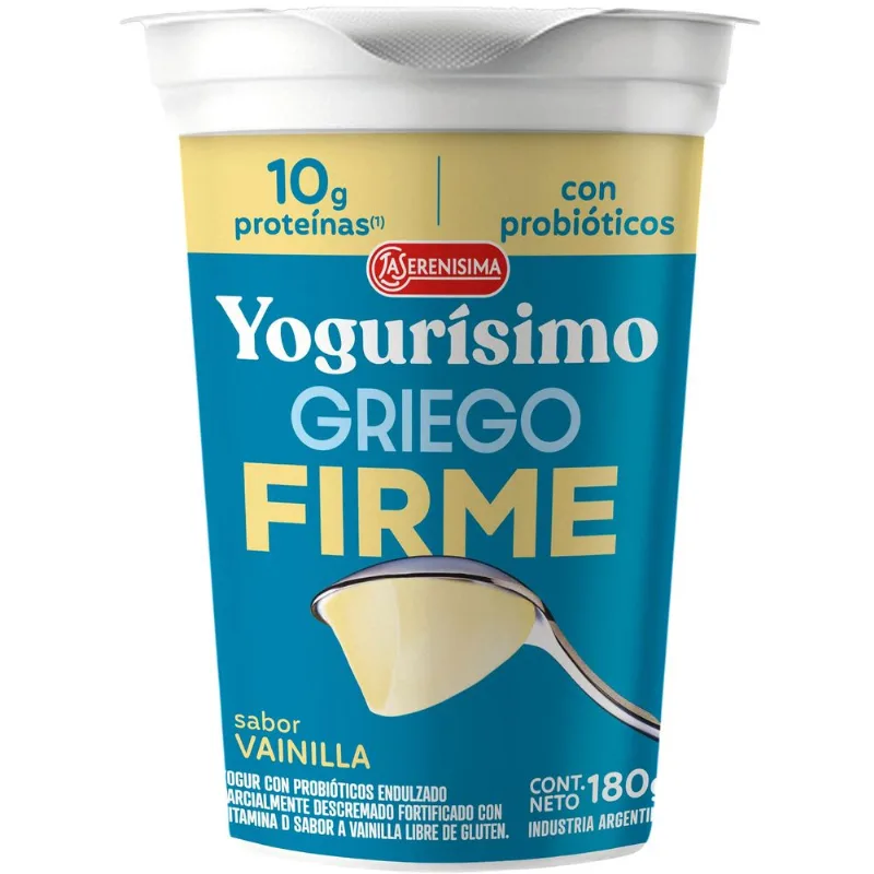 Yogur griego firme Yogurísimo sabor vainilla pote 180 grs