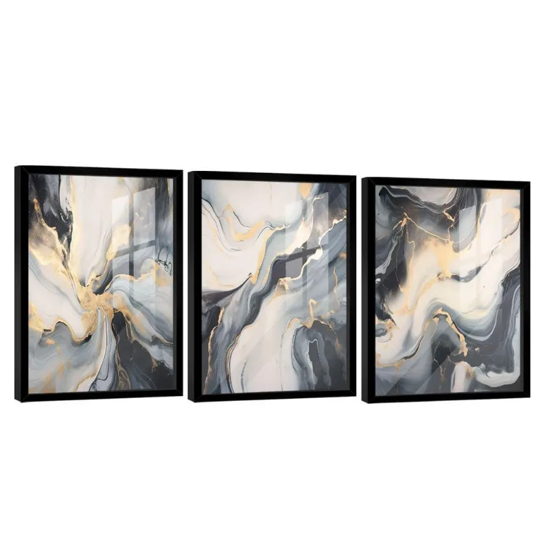 Conjunto De Quadros Trio Abstract Black Gold -- Br Artes