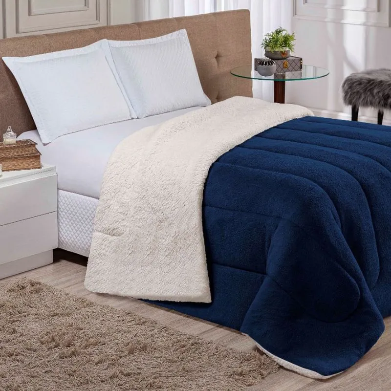 Coberdrom Primor Queen Manta Soft Sherpa Lã de Carneiro Fofo Quente 1 Peça - Azul Marinho