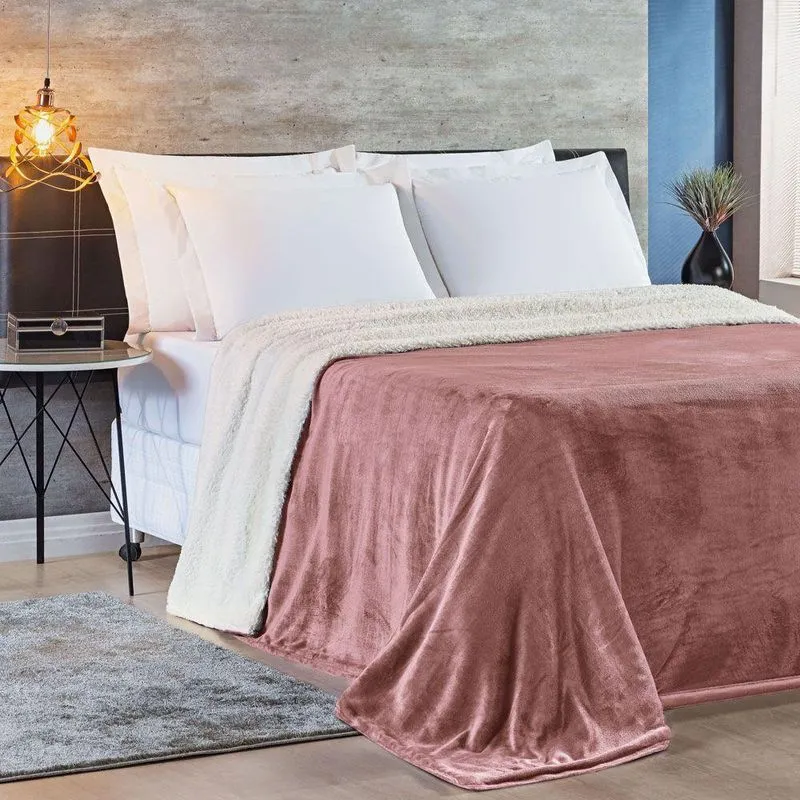 Cobertor King Sherpa + Mantinha Flannel 1 Peça Rosê