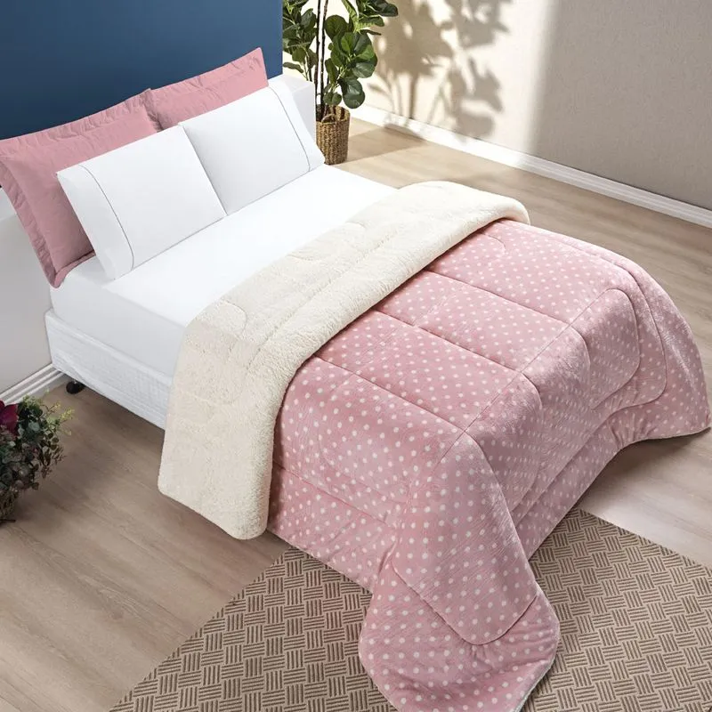 Coberdrom Cobertor Meggy Poá Casal Padrão Sherpa Manta Flannel Bolinhas - Rosa