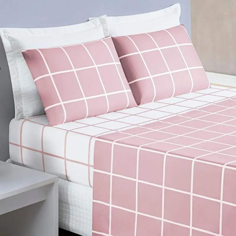 Jogo cama lençol brooklyn queen quadriculado micropercal 200 fios 4 peças - rosa