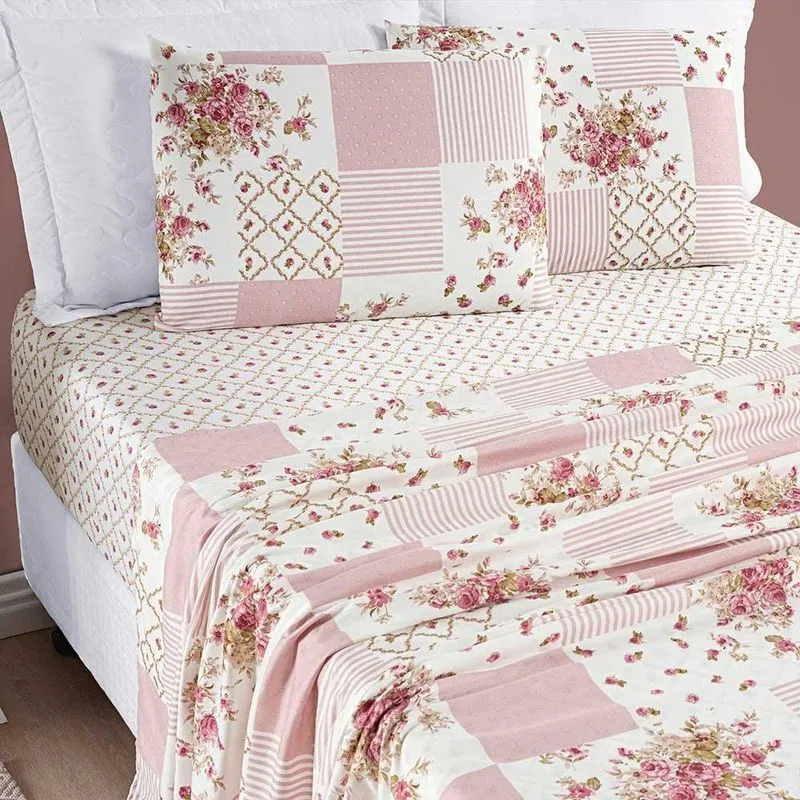 Jogo de cama lençol dallas casal padrão microfibra 4 peças - rosa matura patchwork