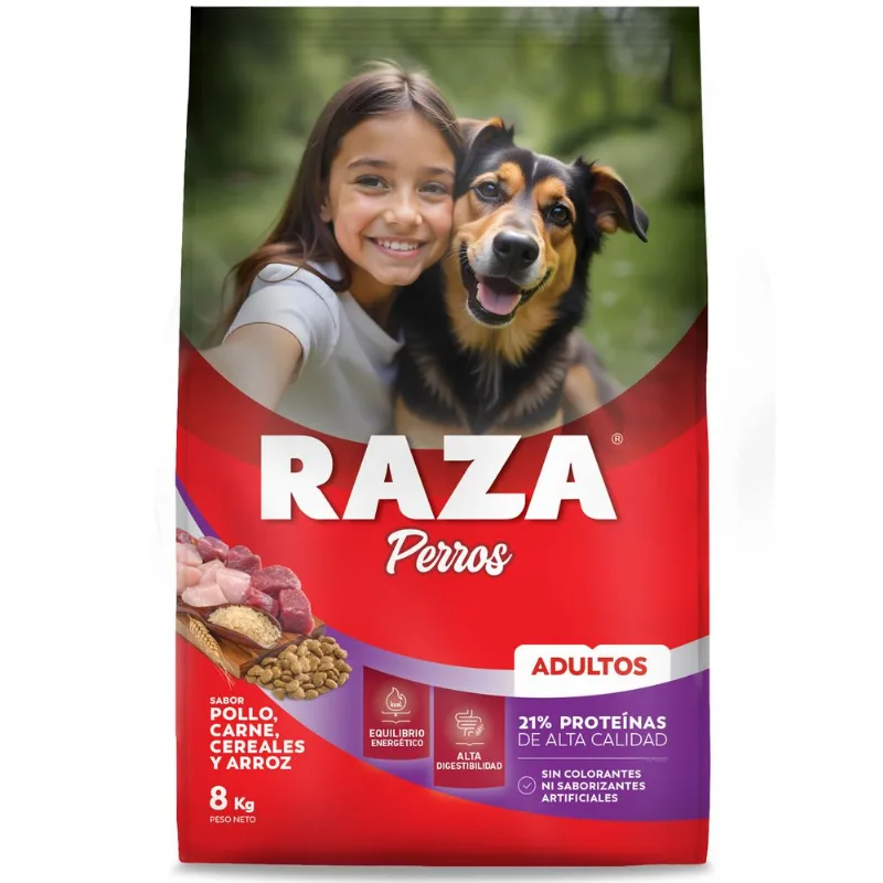 Alimento seco para perro Raza 8 kg. adultos pollo, carne, cereales y arroz