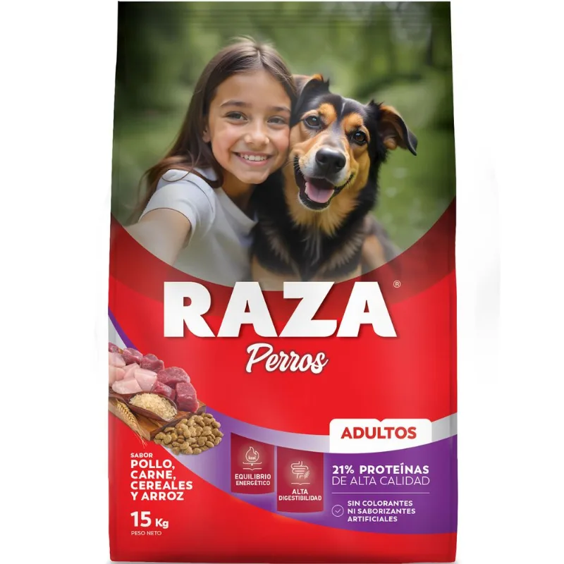 Alimento seco para perro Raza 15 kg. adultos pollo, carne, cereales y arroz