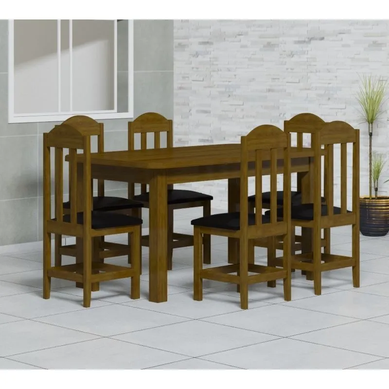 Mesa Com 6 Cadeiras Estofado Preto em Madeira Maciça 160x88 Safira Imbuia