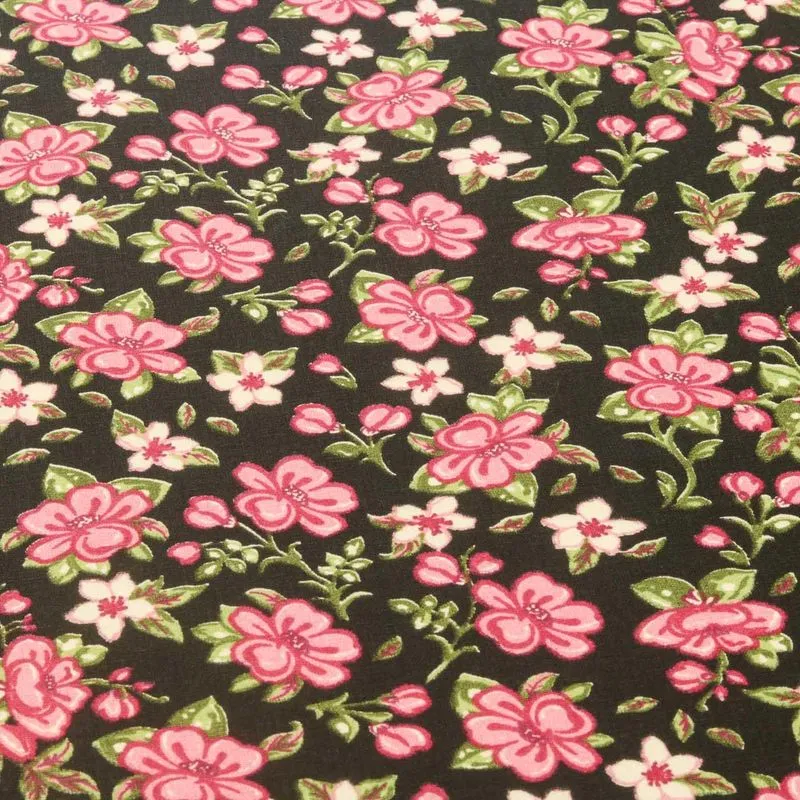 Tricoline Patchwork 100% Algodão - 1m - Flores Rosa/preto