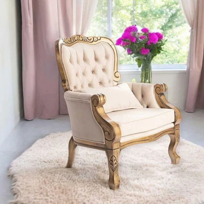 Poltrona Clássica Decorativa Imperador Dourado Envelhecido E Bege