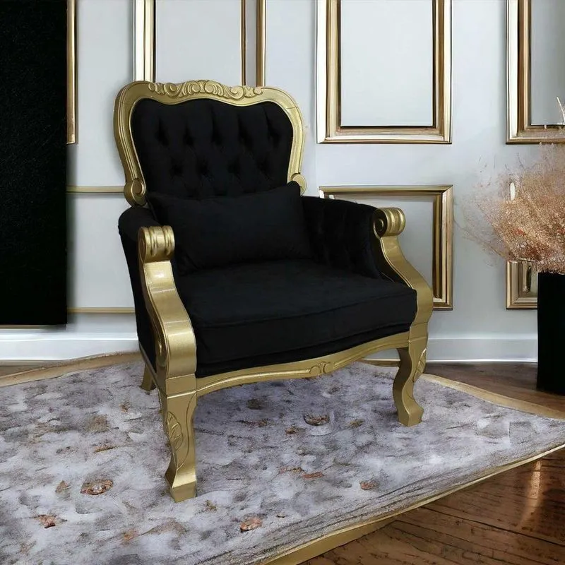 Poltrona Imperador Capitonê Dourado Brilho E Veludo Preto