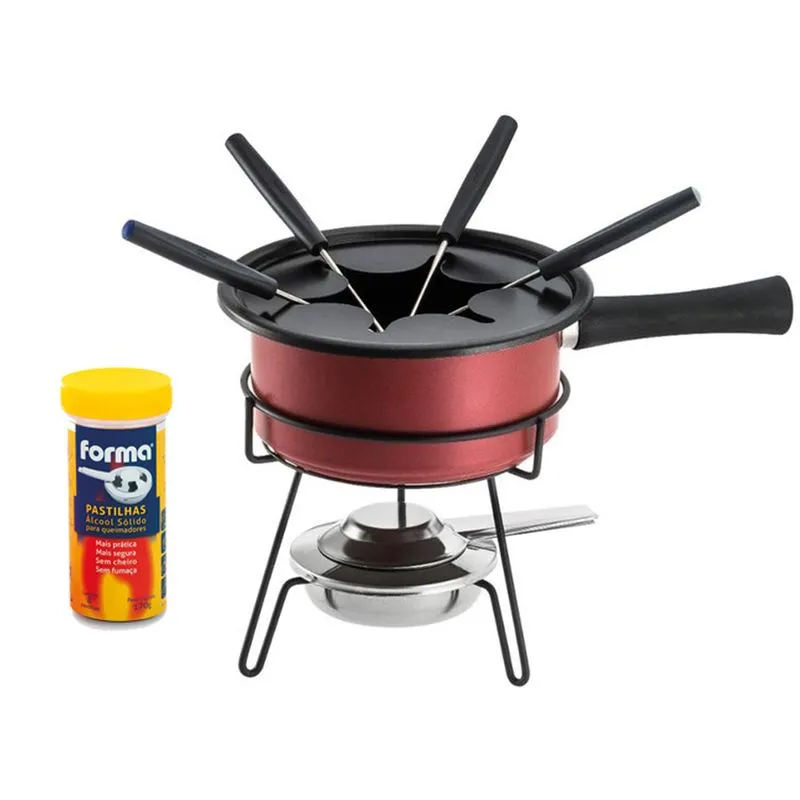 Kit Fondue Vermelho 8pcs Antiaderente + 8 Pastilhas Acender