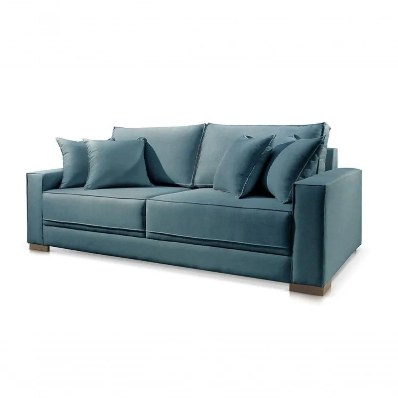 Sofá Helô 3 Lugares Fixo 200CM Azul Linho Almofada Solta Estrutura Madeira Helô