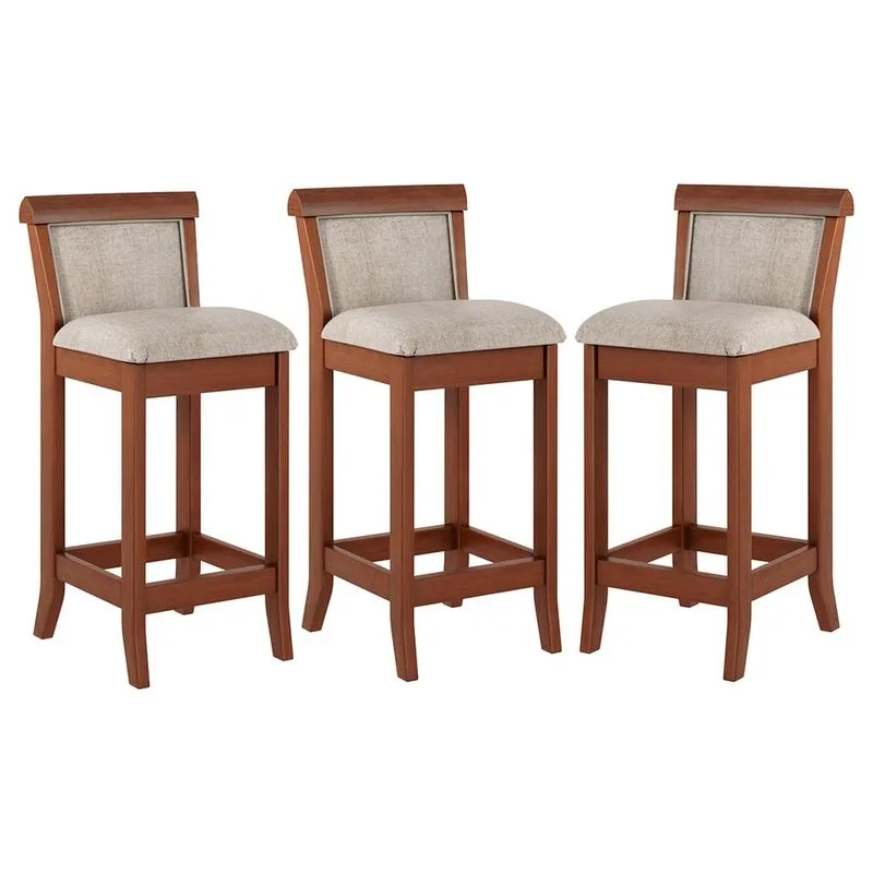 Kit 3 Banquetas Média Estofada Encosto Mônaco 36x90Cm Bancada Madeira Maciça Linho Bege M58 - rmi