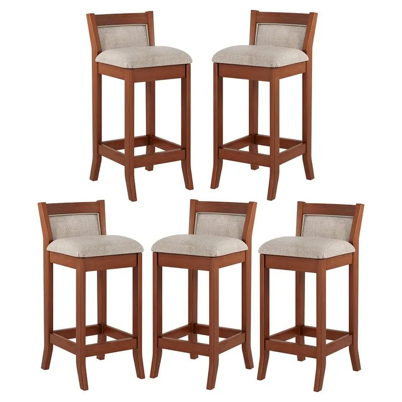Kit 5 Banquetas Média Estofada Lucca 36x83Cm Bancada Bar Balcão Madeira Maciça Linho Bege M58 - rmi