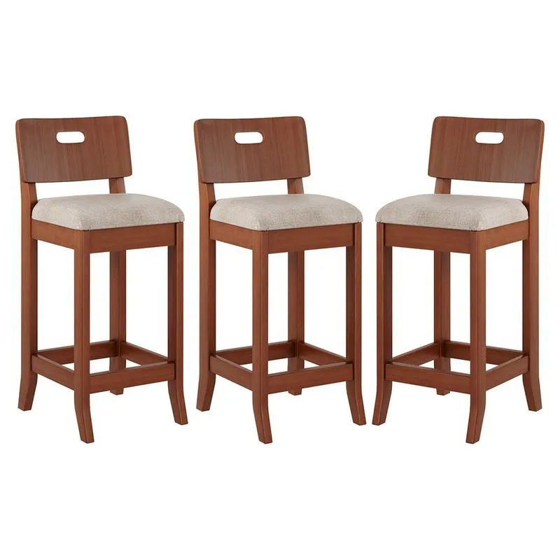 Kit 3 Banquetas Média Estofada Encosto Dubai 36x90Cm Bancada Madeira Maciça Linho Bege M58 - rmi