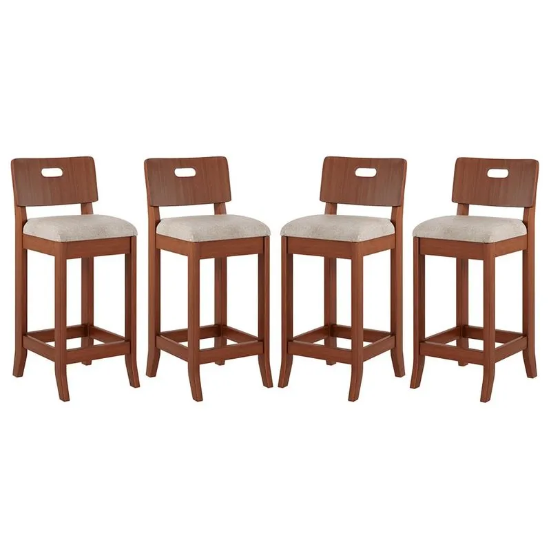Kit 4 Banquetas Média Estofada Encosto Dubai 36x90Cm Bancada Madeira Maciça Linho Bege M58 - rmi