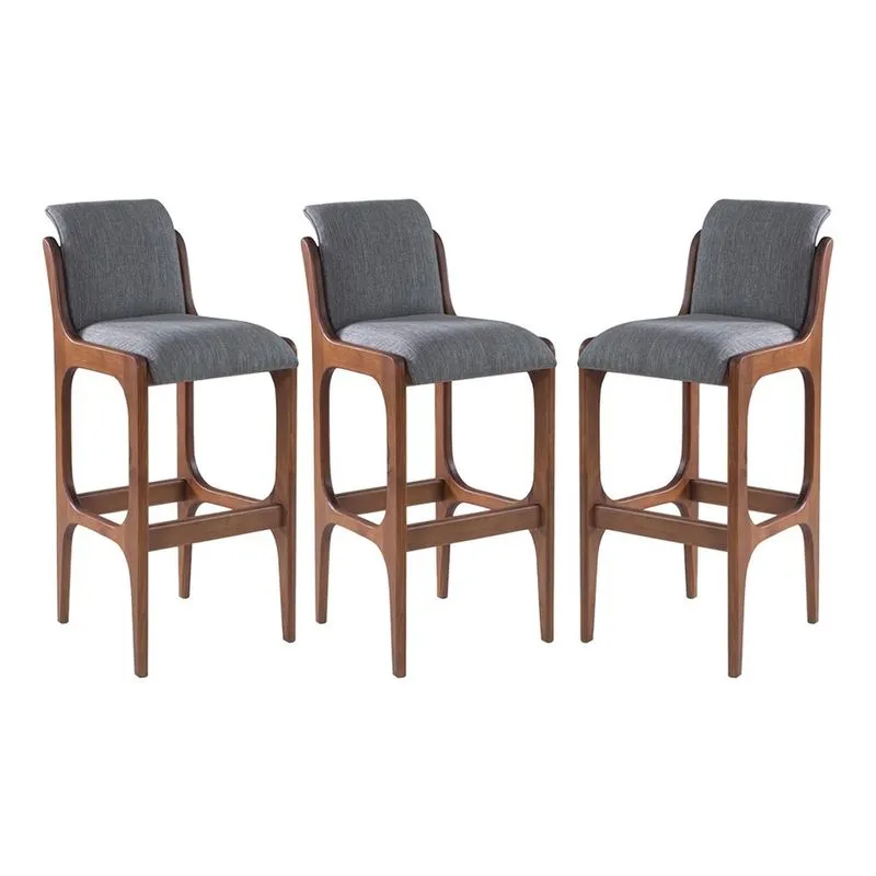 Kit 3 Banquetas Alta Irlanda 45 x 101 Cm Madeira Maciça Imbuia Linho Cinza L55 - rmi