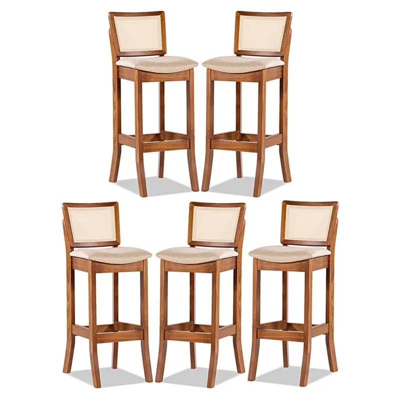 Kit 5 Banquetas em Madeira Imbuia com Encosto Rattan Estofado Portugal Linho Bege M58 rmi