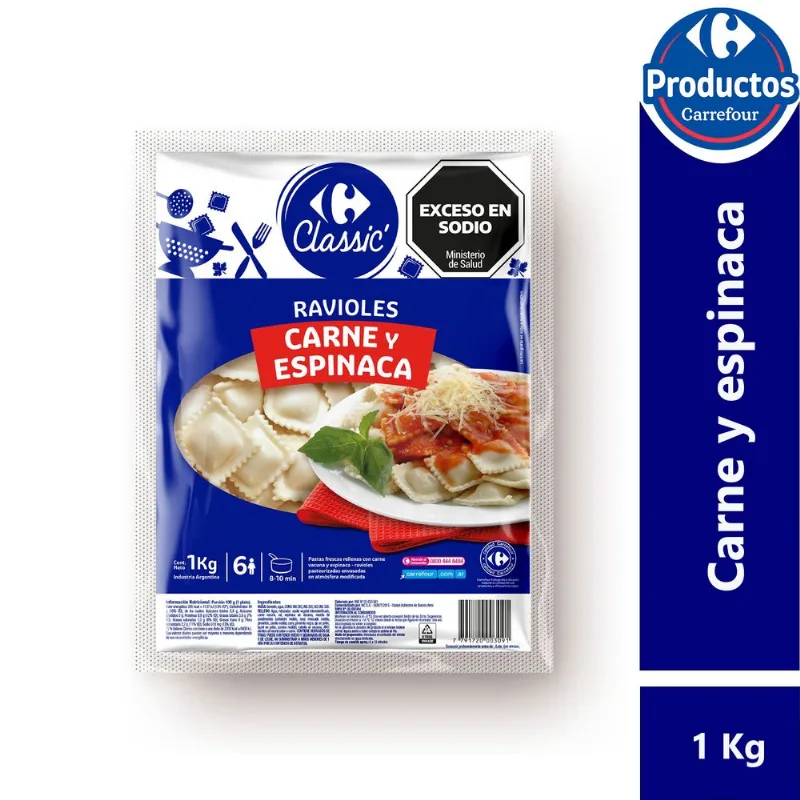 Ravioles Carrefour classic espinaca y carne 1 kg.
