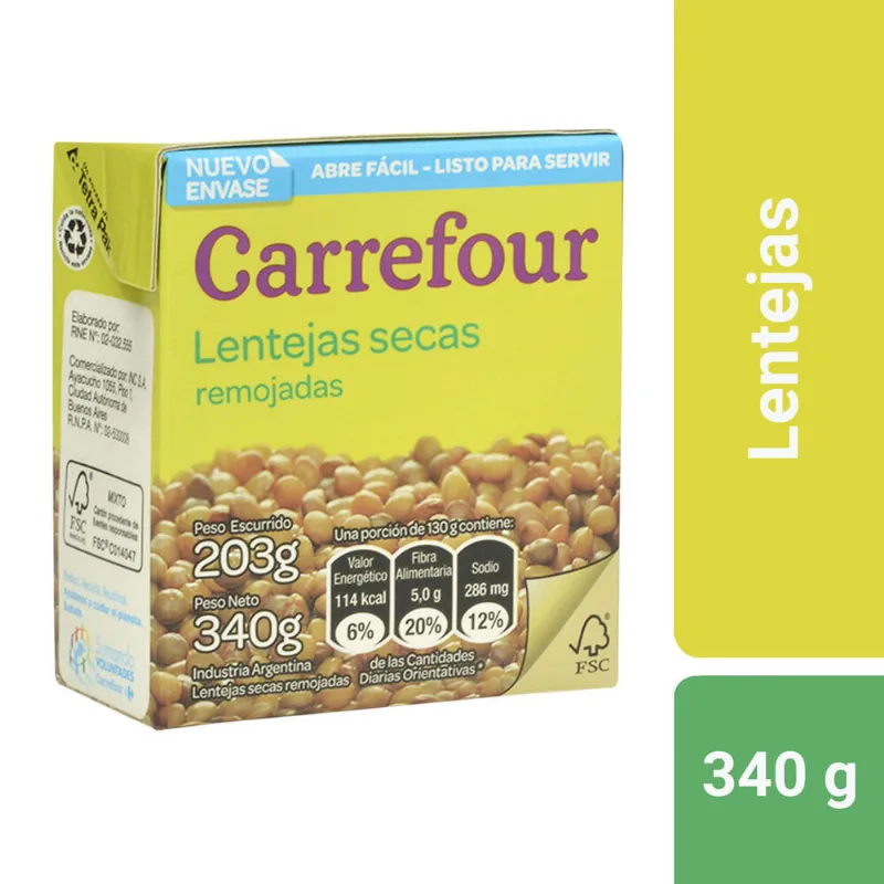 Lentejas secas remojadas Carrefour 340 g.