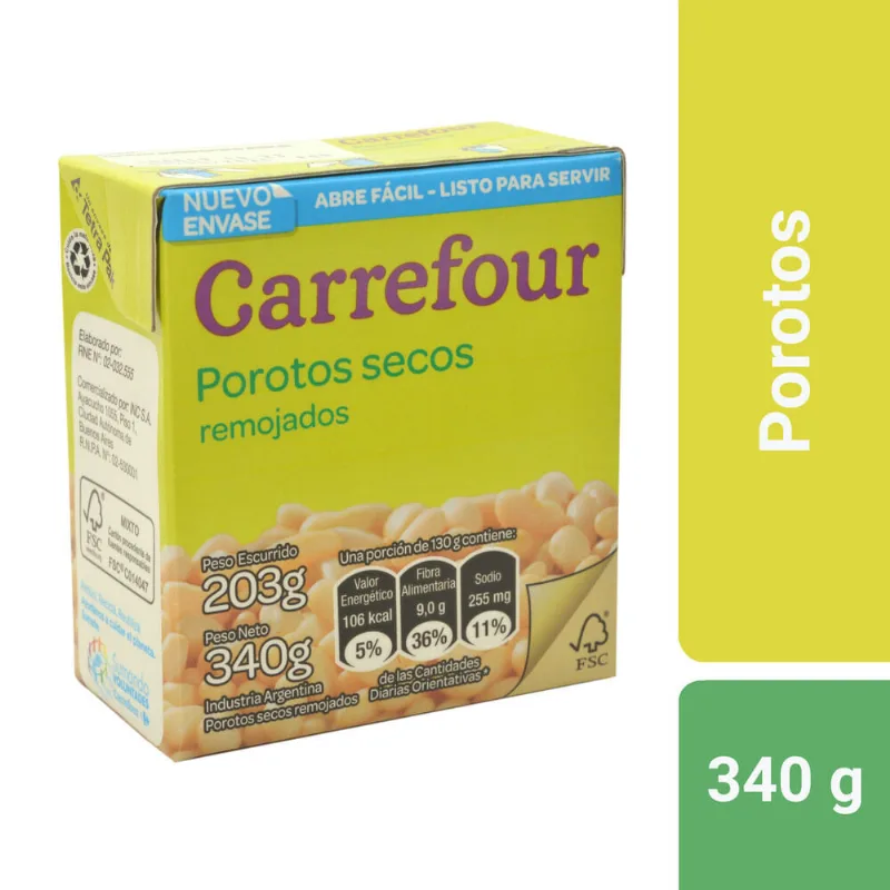 Porotos secos remojados Carrefour 340 g.