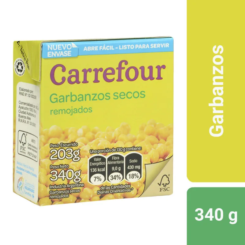 Garbanzos secos remojados Carrefour 340 g.