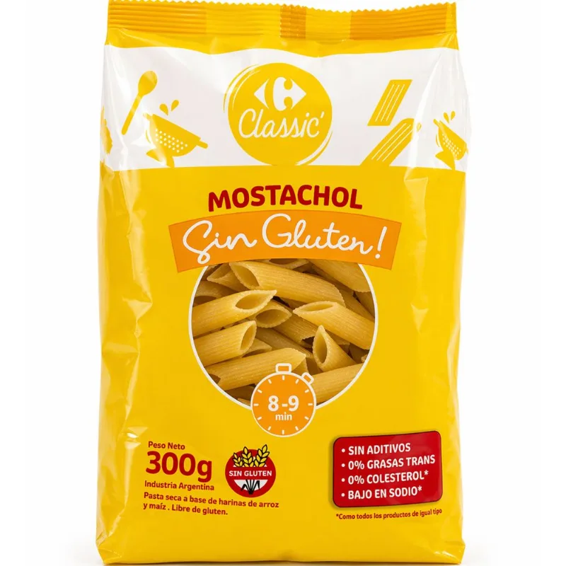 Fideos mostachol de arroz y maíz Carrefour Classic sin gluten 300 grs