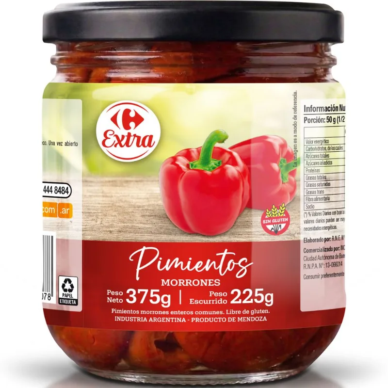 Pimientos morrones Carrefour Extra 375 grs