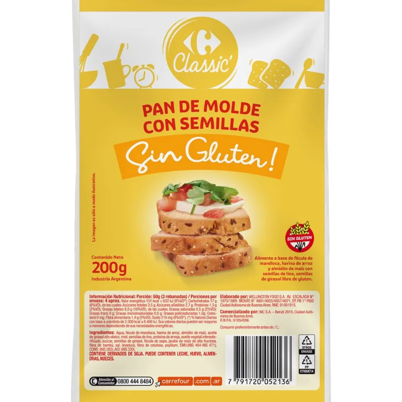 Pan molde sin gluten con semilla Carrefour Classic 200 grs