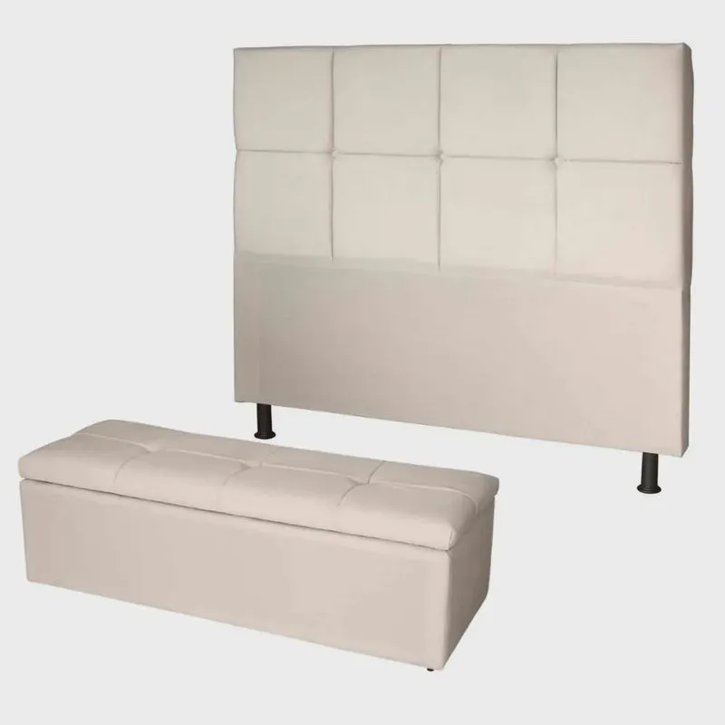 Kit Cabeceira de Cama Box Queen com Recamier Carol 160 cm Corino Bege - Móveis Mafer