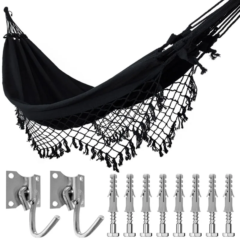 Kit Rede de Dormir Casal Preta + Ganchos Costura Reforçada