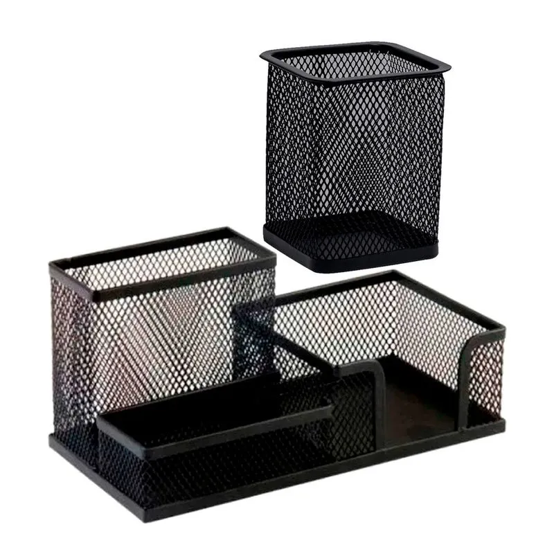 Kit 2 Organizadores De Mesa Escritório Porta Caneta Cartão Treco De Metal 3 Divisórias Preto