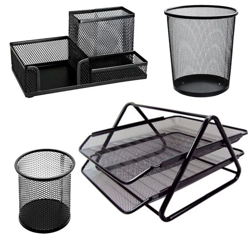 Kit Escritorio Organizador 4 Itens Bandeja Dupla Lixeira Porta Lapis Documento