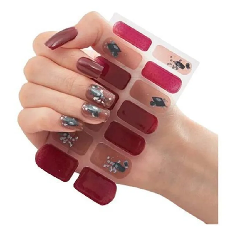 Kit 14 Unha Adesiva Auto Colante Nail Art Manicure Vinho