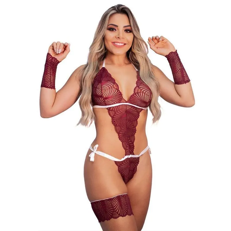 Body Em Renda Com Detalhes Em Cetim - Tam. Único - Vinho