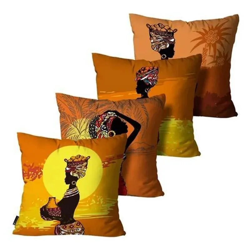 Kit Com 4 Capas De Almofadas Africana Colorido - 45x45