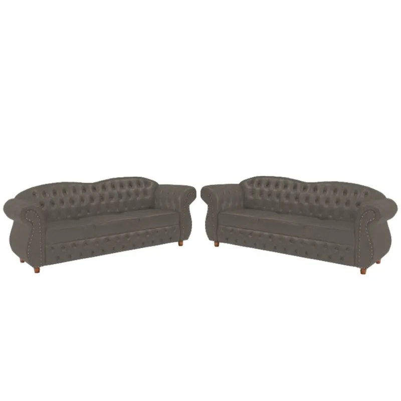 Dois Sofás Chesterfield Merlo 3 lugares 2,30 - Veludo Cinza Camurça / Decoração, recepção, Barbearia, sala tv