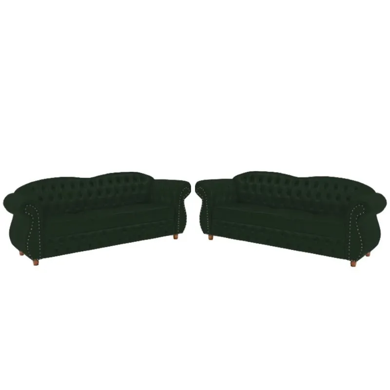 Dois Sofás Chesterfield Merlo 3 lugares 1,80 - Veludo Verde Musgo / Decoração, recepção, Barbearia, sala tv