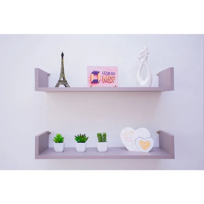 Kit 2 Prateleiras U Mdf 45x20 Cinza Nicho Livros Revista