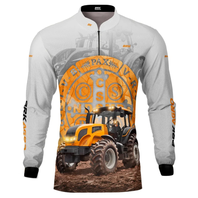 Camisa Agro Brk Trator São Bento Laranja e Branco com Proteção Solar UV50+ G
