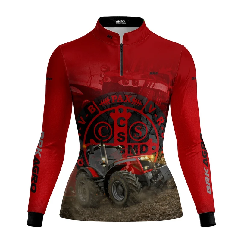 Camisa Agro Feminina Brk Trator São Bento Vermelha com UV50+ GG