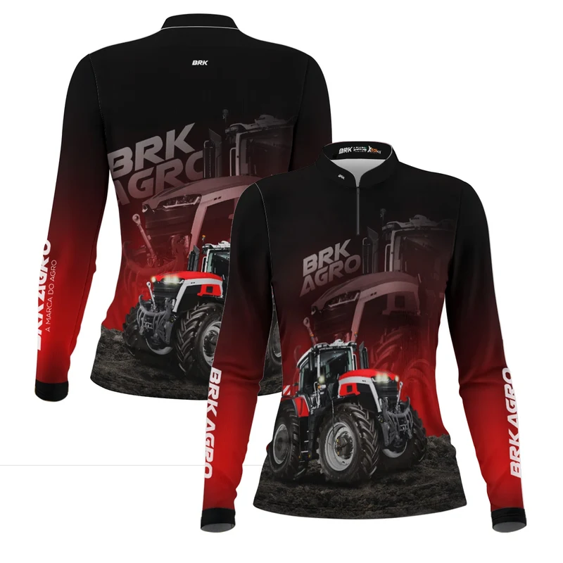 Camisa Agro Feminina Brk Trator Vermelho MF 9S com Proteção Solar UV50+ G