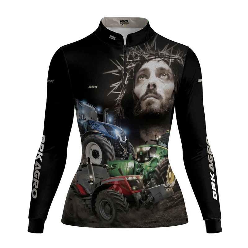 Camisa Agro Feminina Brk Trator Jesus Preta com Proteção Solar UV50+ G2