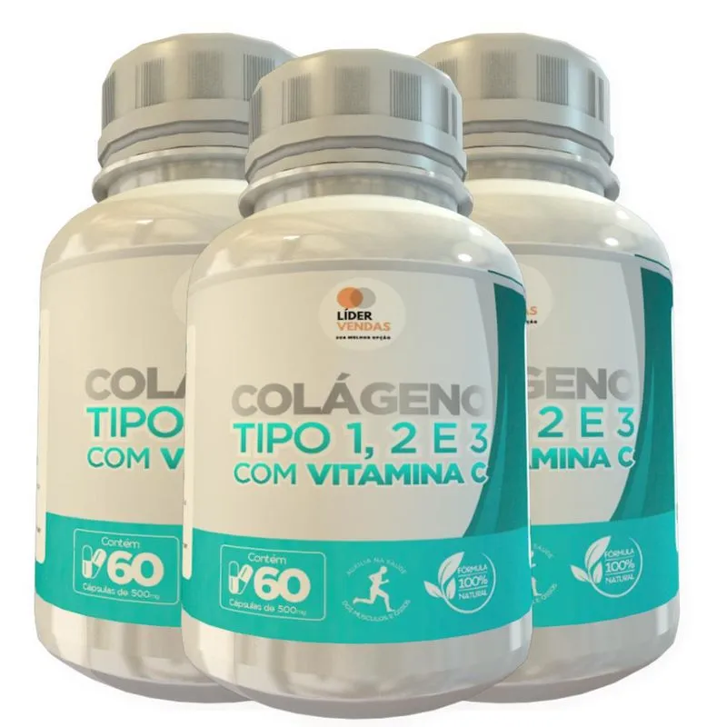 Colágeno Tipo 1, 2 E 3 Com Vitamina C 500mg 60 Cáps 3 Potes