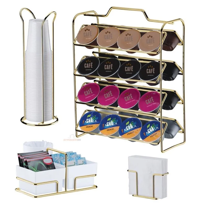Kit Café 4 Peças Suporte 32 Cápsulas Dolce Gusto Porta Copos Guardanapos Sachês Dourado - Future