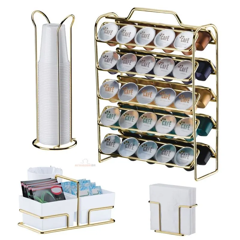 Kit Café 4 Peças Suporte 50 Cápsulas Nespresso Porta Copos Guardanapos Sachês Dourado - Future