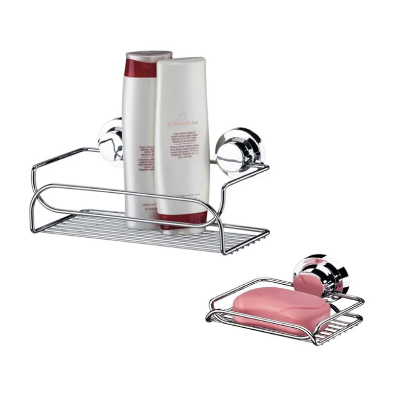 Kit Banheiro 2 Peças Porta Shampoo Suporte Saboneteira Com Ventosa Cromado - Future